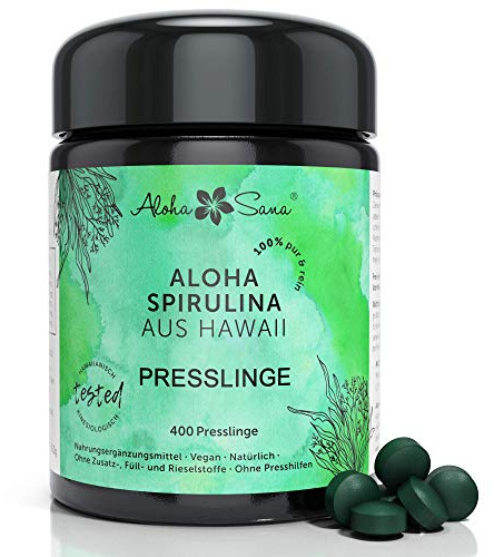 Aloha Sana | Hawaii Spirulina Presslinge im Ultraviolettglas | 400 Presslinge Hawaii Pacifica Algen a 400mg | Laborgeprüfte Spirulina Tabletten | Made in Germany