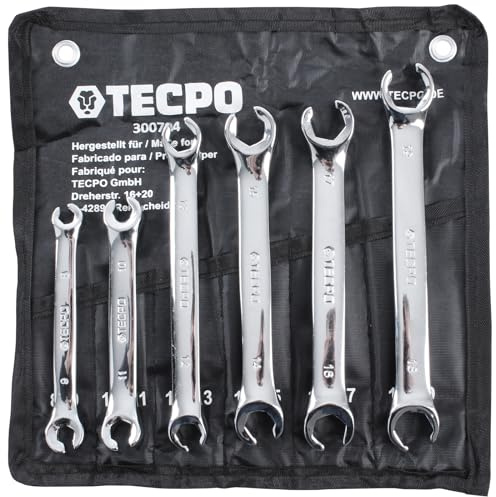 TECPO Bremsleitungsschlüssel Offener Doppel Ringschlüssel SW 8x9mm - 18x19mm Satz 6-teilig Leitungsschlüssel Set 15° Grad poliert verchromt aus CV-Stahl inkl. Tetron-Rolltasche