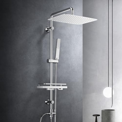 Görbach Regendusche Duschset Duschsystem mit Ablage Chrom Wassersparend Duschstangeset ohne Duscharmatur mit Kopfbrause 35x25cm