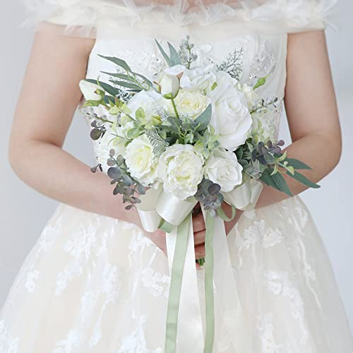 Fouriding Hochzeit Bouquet Vintage Style Weiß Rose Braut Braut künstliche Bouquet Brautjungfer Hochzeit Dekoration Sträuße
