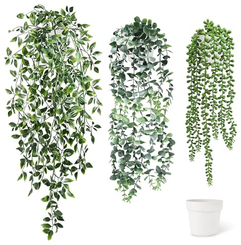 SHEPIN 3 Stück Hängepflanze Künstlich mit Topf47-72 cm Kunstpflanze Hängend | Künstliche Hängepflanzen wie echt Artificial Plants Plastikpflanzen Deko für Indoor Outdoor Draußen Garten Deko