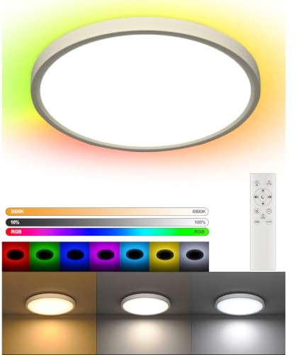 Deckenlampe LED Dimmbar, RGB Deckenleuchte mit Fernbedienung Bunt Backlight | Flach Rund Lampe 30cm 24W 2640LM, CCT 3000-6000K Farbig IP44, Feuchtraum Schlafzimmer Jugendzimmer Badezimmer Kinderzimmer