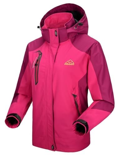 donhobo Jacken Damen Outdoorjacke Wasserdicht Windjacke Leicht Wanderjacke Atmungsaktiv Funktionsjacke Softshell Übergangsjacke mit Kapuze (Rose Rot, L)