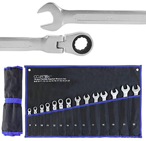 CCLIFE 14tlg Gelenk Ratschenschlüssel Set 8-22mm Flexibles Ratschen Ring Maulschlüssel Set | Cr-V | 72 Zähnen