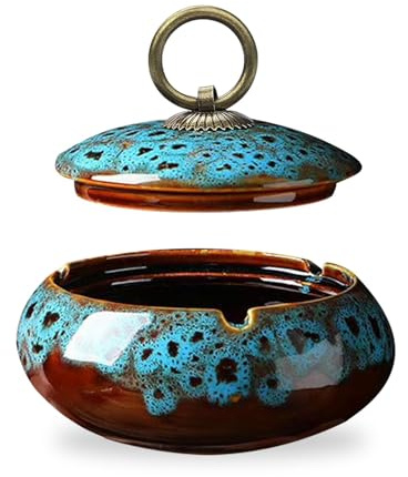 Keramischer Aschenbecher für Draußen und Drinnen mit Deckel | Keramik‑Windaschenbecher mit Deckel,Wind‑ und Geruchsdicht, Innenräume, Balkone und Gärten,Zuhause und Büro Dekoration (Blau)