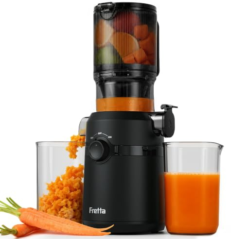 Fretta Entsafter,Slow Juicer mit Größere Fütterungsröhre, für ganze Gemüse und Obst,BPA-frei Tritan-Material Entsafter,Einfacher Installation,Einfache Reinigung (Rauchschwarz, 1L)