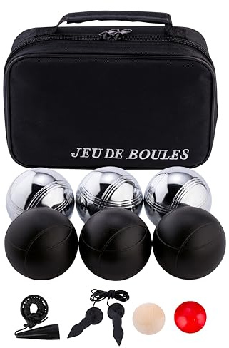6-teiliges Metall Boule Set mit Tasche, 3 schwarzen & 3 silbernen Kugeln, Magnet, Distanzmesser & Holz-Cochonnet – Boccia / Botcha Spiel für Kinder & Familien - Petanque, Jeu de Boules – 010207