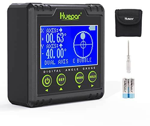Huepar Digitaler Winkelmesser, Elektrische Libelle Dual Achsen Messgerät 0.01°Auflösung V-Nut Magnetbasis & LCD Neigungsmesser mit akustischem Alarm 0~360°AG03