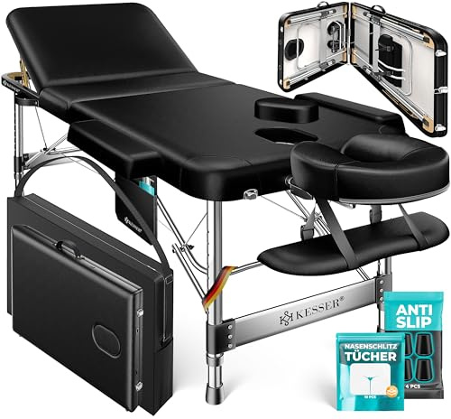 KESSER® Massageliege 3 Zonen bis 250kg, Massagetisch klappbar, verstellbar, tragbarer Koffer, Kosmetikliege, Therapieliege, Zubehör, Alu-Kopfstütze, Armlehne, Tragetasche, Anti Rutsch, 70cm, Schwarz