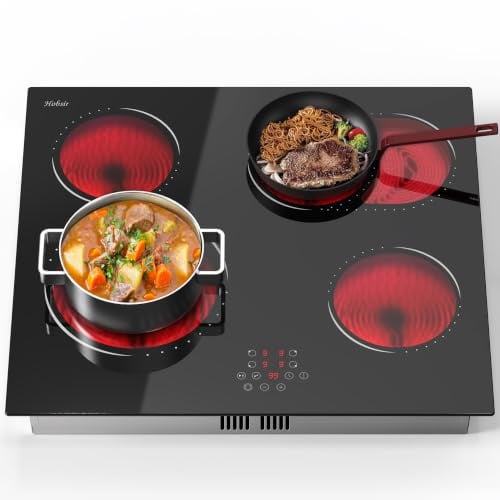 Glaskeramikkochfeld 4 Platten, Kochfelder Autark mit Ovale & Flex-Zone | Hobsir Kochfeld 4 Zonen, Touch-Bedienung, 60cm Einbau, 6600W, 9 Leistungsstufe, verkabelt, kein Stecker, 240V