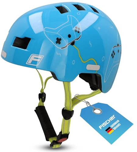 Fischer BMX Fahrradhelm Plus Radhelm, Dirt Bike Helm mit integriertem LED-Rücklicht, Game/hellblau, S/M, 54-58cm