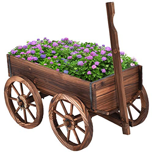 COSTWAY Blumenwagen Holz, Blumenständer mit 4 Rädern & Griffen, Pflanzwagen, Bollerwagen, Gartendeko für Garten & Balkon, 120 x 43 x 53,5cm