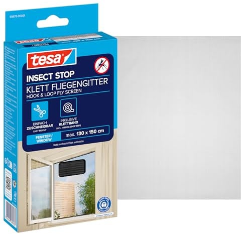 tesa Insect Stop Klett Fliegengitter für Fenster - Insektenschutz mit Klettband, zuschneidbar - Mückenschutz ohne Bohren - 1 x Fliegen Netz - 130 cm x 150 cm - Anthrazit