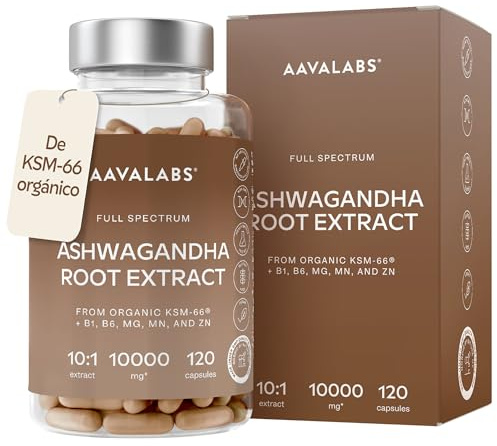 Bio Ashwagandha KSM-66 10000mg - 10:1 Extrakt, 5% Withanolide | Mit Magnesium, Zink, Vitamin B1, B6, Mangan und Pfeffer Bio Ashwagandha Kapseln Hochdosiert Vegan - 120 Kapseln