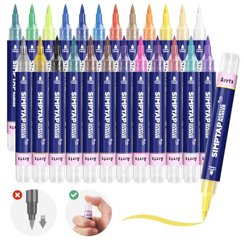 Arrtx Acrylstifte für Steine Bemalen, 24 Farben Simptap Top Valve Action Acrylmarker, Pinselspitze Acrylfarbstiften, wasserbasierte Farbmarkierungen für Steine, Glas, Holz, Metall,Ostereier
