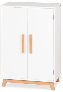 PINOLINO Puppenschrank Marit aus Holz mit 1 Einlegeboden, 1 Kleiderstange und 3 Kleiderbügeln und Puppenspielzeug, weiß