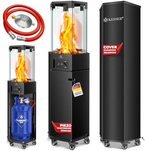 KESSER® Gasheizstrahler 4/8 kW Gas Piezozündung Heizung + Gasdruckregler + Cover, 360° Rollen Kippschutz, Terrassenheizstrahler Gasheizung Gasheizer Outdoor Kamin Mobiler Heizpilz, Heizer, Schwarz