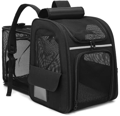 Dogat Erweiterbar Katzenrucksack mit Netzfenster, Tragbare und Faltbare Haustier Rucksack mit Innerer Sicherheitsleine und Haustierunterlage für Katzen Hunde bis 17 lbs (8 kg) Wandern, Walken(Schwarz)