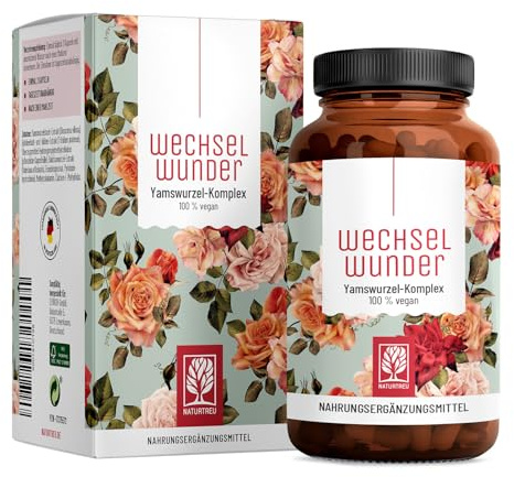 NATURTREU® WECHSELWUNDER - 500mg Yamswurzel mit 340mg Rotklee, Baldrian, Eisen, Vitamin B9 und B12 Kapseln hochdosiert - 90 Kapseln