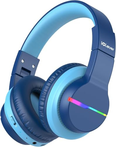 iClever Bluetooth Kinder Kopfhörer, Farbige LED-Leuchten, Kinderkopfhörer Over-Ear mit 74/85dBA Lautstärkebegrenzung, 85 Stunden Spielzeit, Bluetooth 5.2, Eingebautes Mikrofon Blau