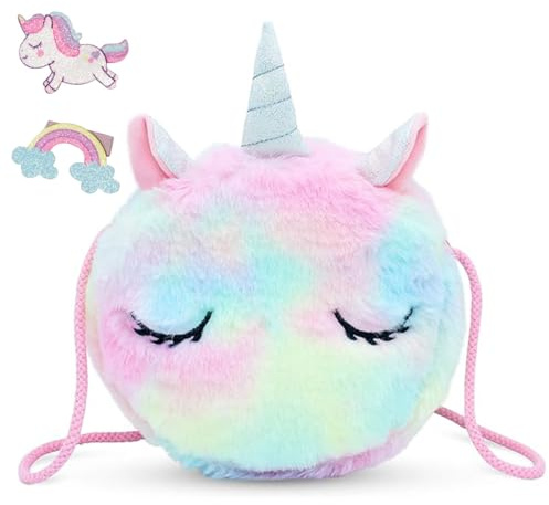 Voarge Umhängetasche Einhörner für Mädchen, Kleine Plüsch-Schultertasche, Einhorn-Rucksack, Rosa Blau, Staub-Blau, Small