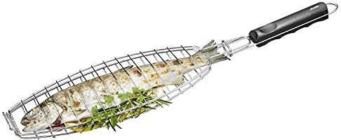 GEFU Fischbräter BBQ - Fischgriller aus Edelstahl für Forelle & Dorade | Klappbarer Fisch-Grillkorb mit ergonomischem Griff für Fische bis 26,5 cm, spülmaschinengeeignet und rostfrei