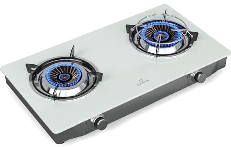 Klarstein Barzona Gaskochfeld, 2-Brenner Edelstahl & Glas, 7,7kW, Tragbarer Campingkocher mit Piezo-Zündung & Flammenausfallsicherung, Kompaktes und Tragbares Design, Weiß