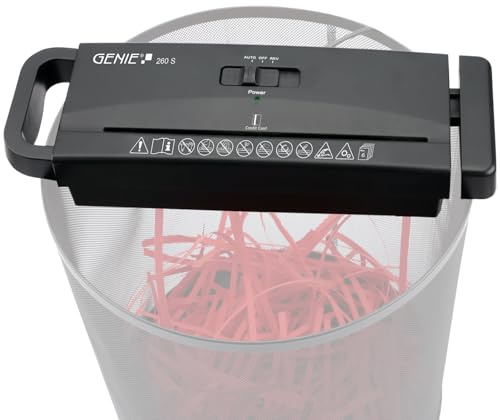 Genie 260 S Aktenvernichter-Aufsatz | Papierschredder für 6 Blatt DIN A4 | Streifenschnitt | Automatische Start-/Stopp-Funktion | Ausziehbarer Arm für Verschiedene Papierkörbe | Schwarz