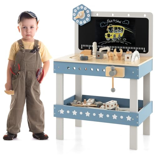 COSTWAY Werkbank Kinder aus Holz, Werkzeugbank mit Tafel, Uhr & 61 Zubehören, Spielzeugwerkbank Werkstatt für Kinder ab 3 Jahren (Blau)