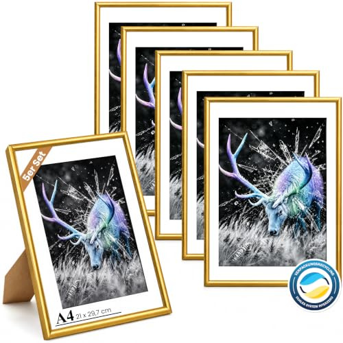 Dmyifan Bilderrahmen DIN A4 Gold, 5er-Set, Picture Frame | Zum Aufstellen und Aufhängen, für Porträts im Hoch- oder Querformat – Fotorahmen für Wohnräume und Büro, Collage-Wanddeko