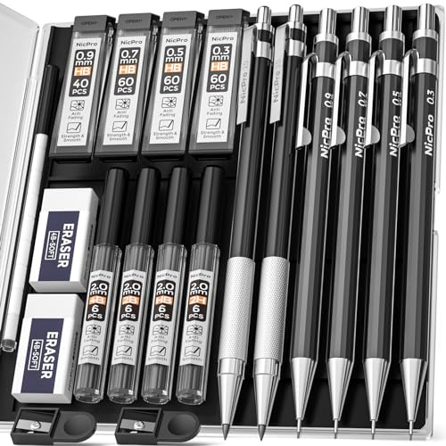 Nicpro 6 Stück Druckbleistifte Set mit Etui, Metall Mechanische Bleistifte 0,3 0,5 0,7 0,9 2 mm Fallminenstift mit 8 Röhrchen Minen 4B 2B HB 2H, Radiergummis, Zeichenstifte für Schreiben, Skizzieren