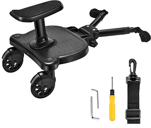 Buggy Board mit Sitz, FNRIDS Trittbrett für Kinderwagen Universal, mit Aufhängegurt, Stabiles Two Wheel Design, 360 Drehbar, Kinderwagenzubehör für Kinder von 2 bis 6 Jahren (Bearing 25 kg)