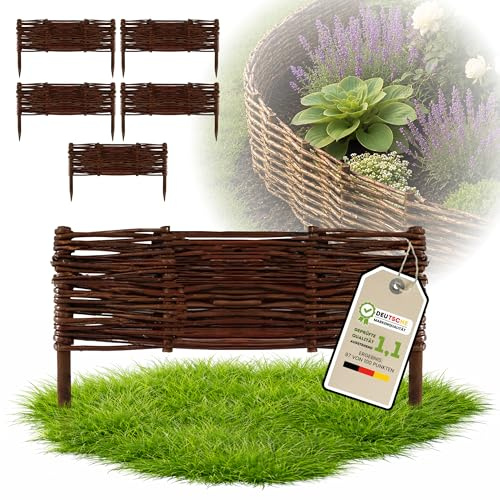Floranica Weidenzaun Beeteinfassung Weide 20 cm hoch x 50 cm, 5 Stk. | Flechtzaun aus gedämpfter Weide zum Stecken - Rasenkante und Beetrand, 50 cm Länge, 5 Stk., 2 Erlenstaketen, 15 cm tief