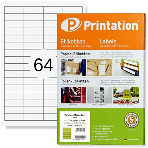 Printation Etiketten Selbstklebend 48,5 x 16,9 mm, 1600 Aufkleber Zum Bedrucken, 64 Klebeetiketten klein pro Blatt, 25 Blatt A4, Bedruckbar Matt Blanko Weiß, Für Inkjet Laser Kopierer - 48,5x16,9 4x16