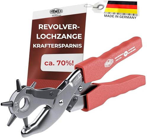 Famex 3519 Profi Lochzange mit Hebelunterstützung ca. 70% Kraftersparnis - Made in Germany, Power Revolverlochzange für Leder, Textilien, Kunststoff, Pappe - 2 mm - 4,5 mm