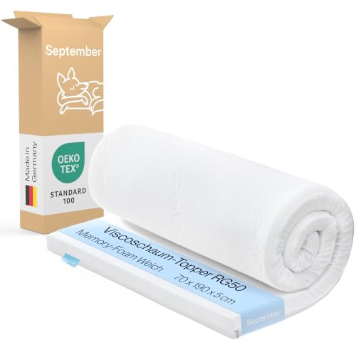 September Topper Viscoschaum 70x190 cm H2 weich RG50 Höhe 5 cm | Made in Germany, OEKO-TEX STANDARD 100, CertiPUR, Druckentlastend, Aloe Vera Bezug, Reißverschluss, Abnehmbar, Waschbar 60°C