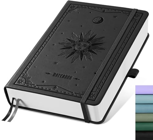 EMSHOI Notizbuch A5 Kariert, Notizblock, Hardcover Leder 320 Seiten mit 1 Innentasche, 100gsm Kariertes Papier, für Frauen Männer Büro Schule Arbeit Tagebuch, 14.5 x 21cm - Schwarz
