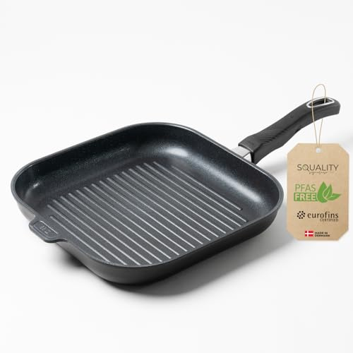 Squality Premium Grillpfanne Induktion PFAS frei 28x28 cm – Keramik Antihaft Pfanne aus Dänemark | ergonomischer, abnehmbarer Griff, ofenfest bis 300 °C ohne Griff | Non Stick Pan | Grill Pan