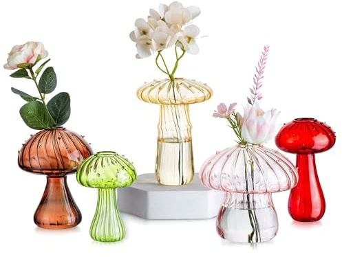 Glasseam Pilzförmige Glasvase, 5er Pilz Vasen Glas Propagation Station | Kleine Vasen für Tischdeko, Deko Vase Bunt, Blumenvase Modern, Minivase für Pflanzen, Tischplatten Dekoration, Schlafzimmer