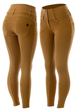 Horze Tara Vollbesatzreithose mit Silikon-Grip und hohem Bund, Tobaccobraun, 42