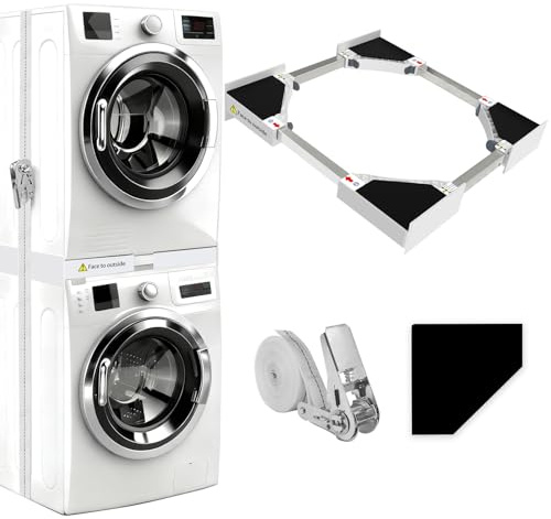 NIUXX Universal-Stapelbausatz/Verbindungsrahmen für Waschmaschine und Wäschetrockner, Waschmaschinenzubehör/Trocknerzubehör, mit Ratschenseil, Einstellbare Größe（46-66cm）