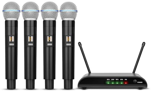 Depusheng R4-Pro Karaoke-Funkmikrofone, professionelles 4-Kanal-Handmikrofonsystem, dynamisches Metallmikrofon für Karaoke-Gesang, Kirche, Meetings, Partys, DJ, Hochzeit