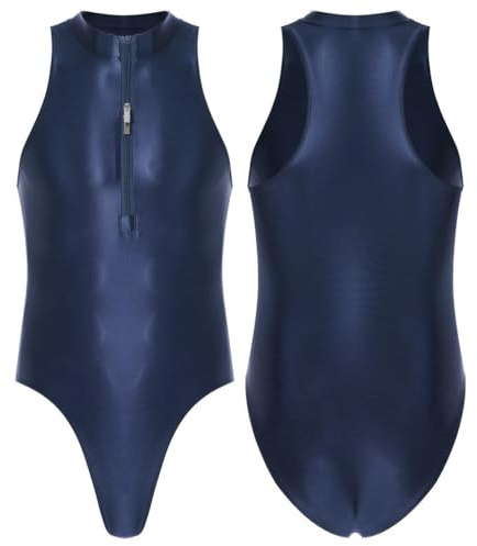 QIANGYTHENKO Herren-Badeanzug, Bademode, Doppelreißverschluss vorne, Gymnastikanzug zum Schwimmen, einteilig, glänzend, ärmellos, marineblau, Einheitsgröße