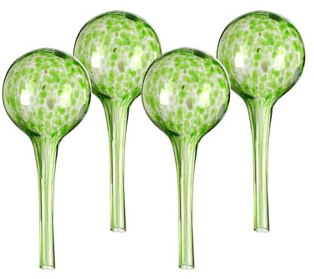 Relaxdays Bewässerungskugeln Glas, 4er Set, HxD: 15 x 6 cm, Gießkugeln für Pflanzen, Bewässerungshelfer Urlaub, grün