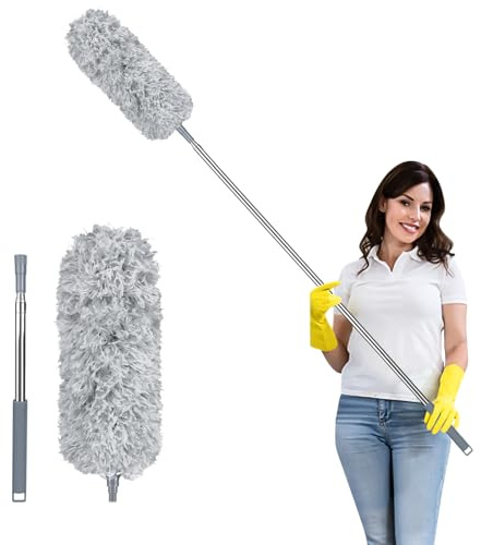 Fogray Staubwedel Teleskop Waschbar Duster Lang Ausziehbar Bis 237cm, Staubwischer mit Teleskopstange, Staubmagnet Verbiegbare Staubfänger Spinnenwebenentferner für hohe Decken Deckenventilator Grau