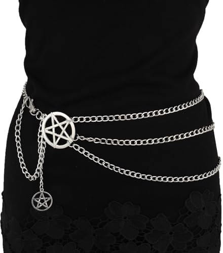 Milakoo Y2K Stil Kettengürtel für Frauen Silber Pentagramm Stern Anhänger Mehrschichtige Ketten Link Gürtel
