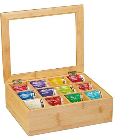 Relaxdays Teebox, Bambus, 12 Fächer, Teekiste mit Sichtfenster, Organizer für Teebeutel, HxBxT: ca. 9x28x23 cm, natur, 10032112