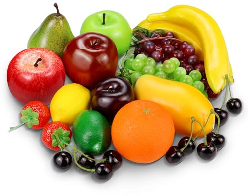 Tenorbass 20 Stück Gefälschte Früchte, künstliche Früchte Dekor für Party Küche Tisch Centerpiece, künstliche Obst Äpfel Orangen Fake Trauben