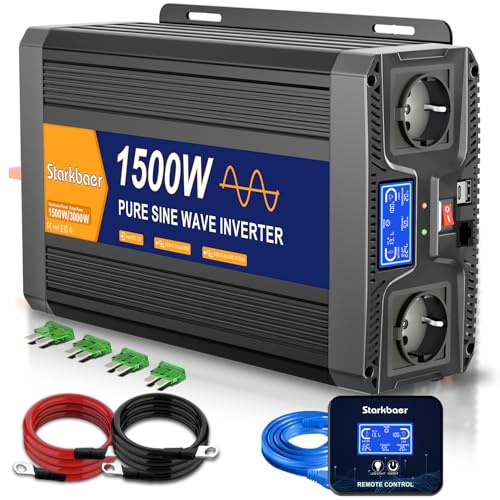 Wechselrichter 1500W/3000W Reiner Sinus 12V auf 230V Spannungswandler mit LCD & Fernbedienung, 2X EU-Steckdose, USB-C, für Wohnmobil, Auto, Solar, Camping & Stromausfall