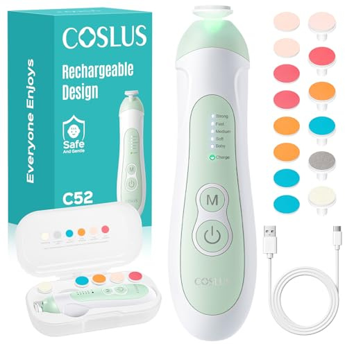 COSLUS C52 Elektrische Nagelfeile Baby Wiederaufladbar: 2026 Electric Baby Nail Trimmer Sanfter 5 Geschwindigkeiten & 6 Schleifköpfe für Babys und Kinder Sicher und leise-CPC Zertifiziert Grün